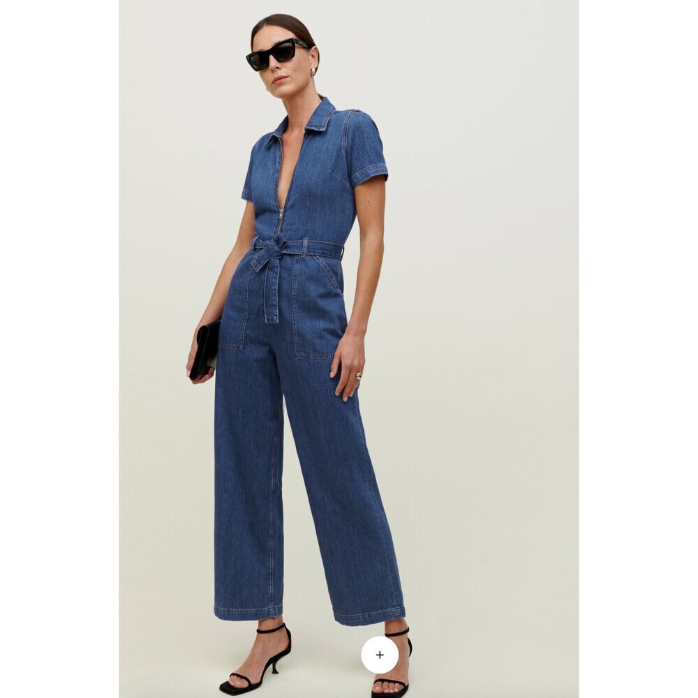 Reformation Cassidy Denim Jumpsuit in Indio Sz 2 Straight Leg Short Sleeve